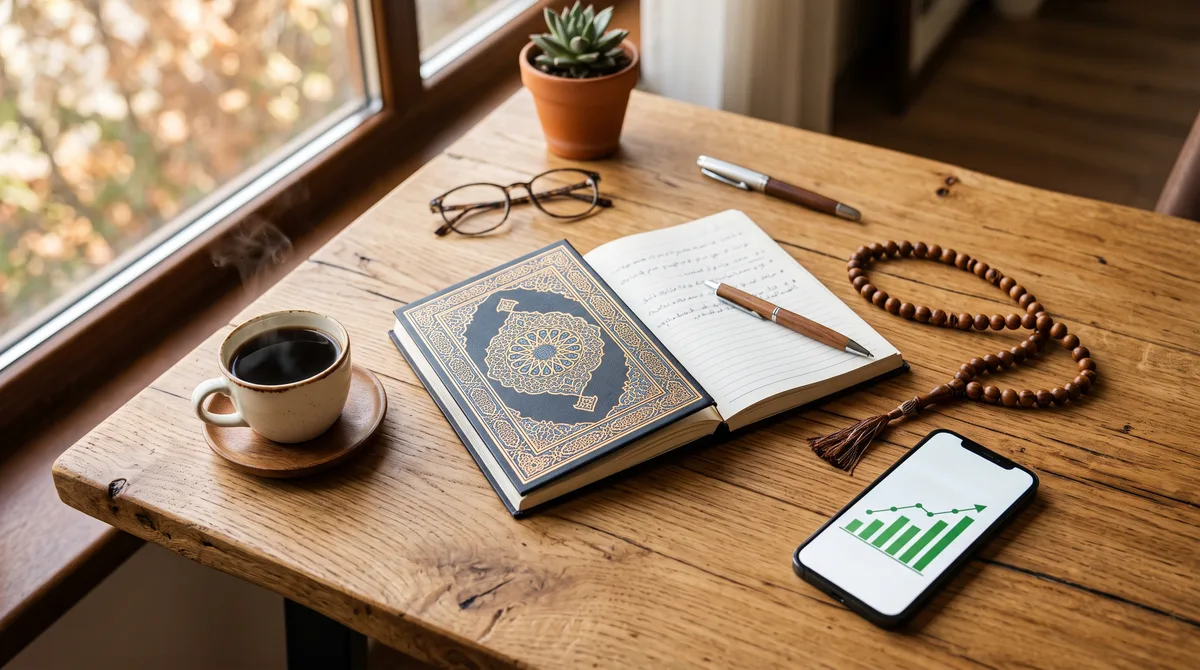 Buku catatan bermotif geometris, tasbih kayu, dan ponsel menampilkan grafik di atas meja kerja