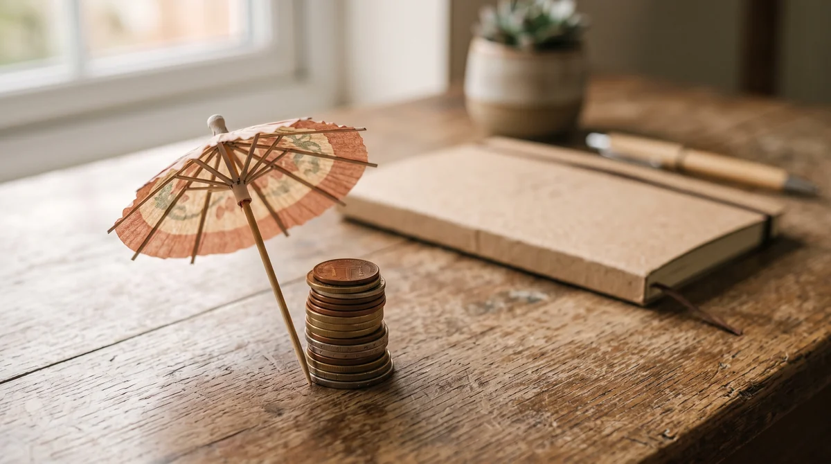 Payung kertas kecil di atas tumpukan koin pada meja kayu