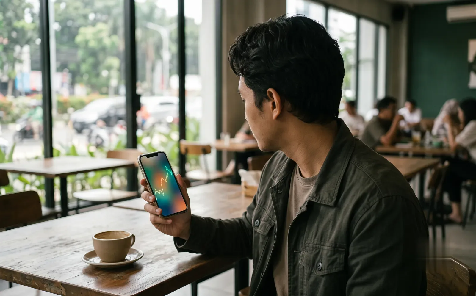 Anak muda melihat grafik pasar saham di ponsel dari sebuah kafe