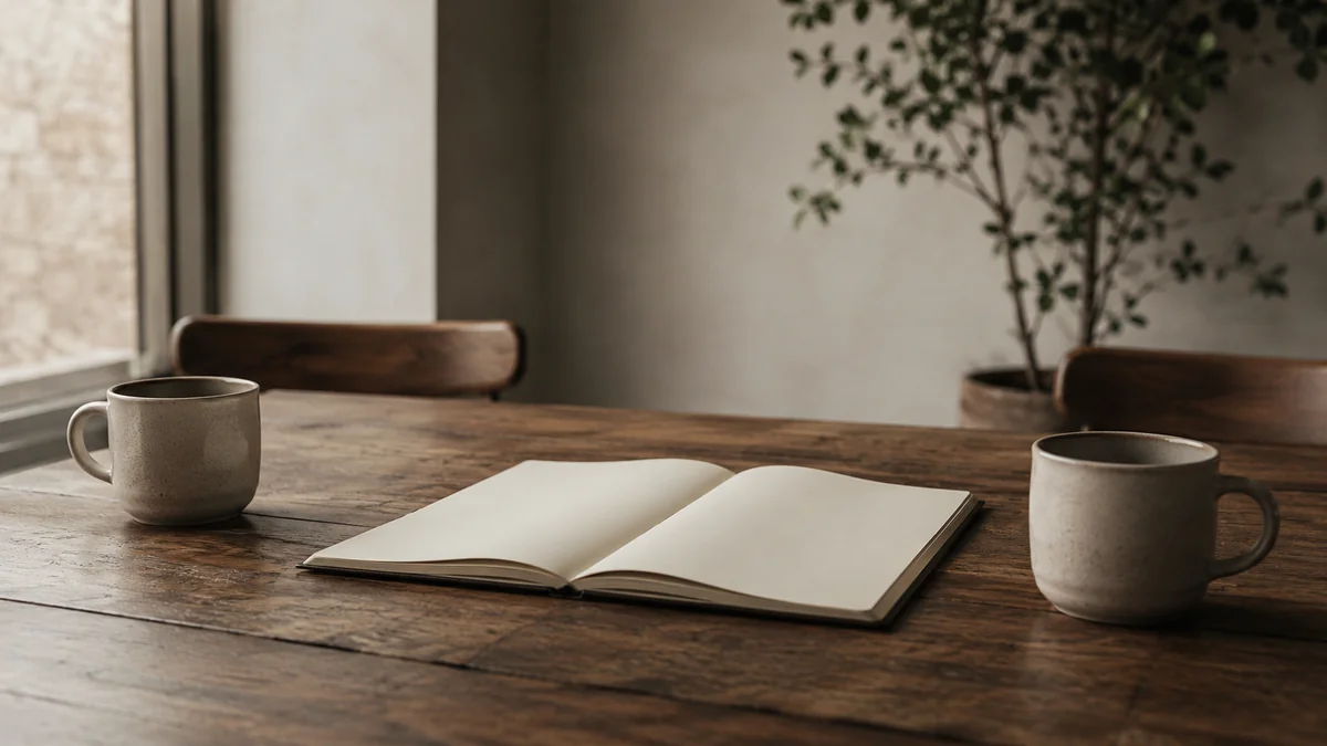 Meja makan kayu dengan dua cangkir kopi dan sebuah buku catatan terbuka