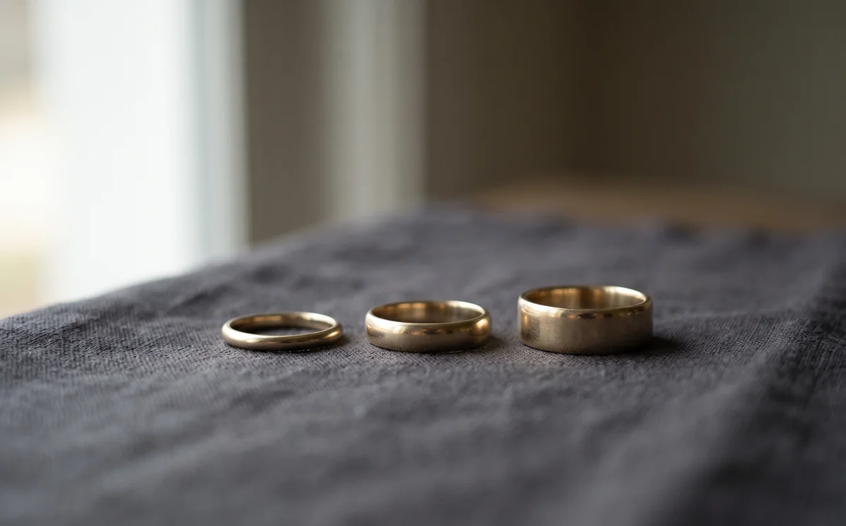 Beberapa cincin emas kuning dan emas putih di atas nampan beludru dengan alat ukur lingkar jari dan lup di konter toko perhiasan