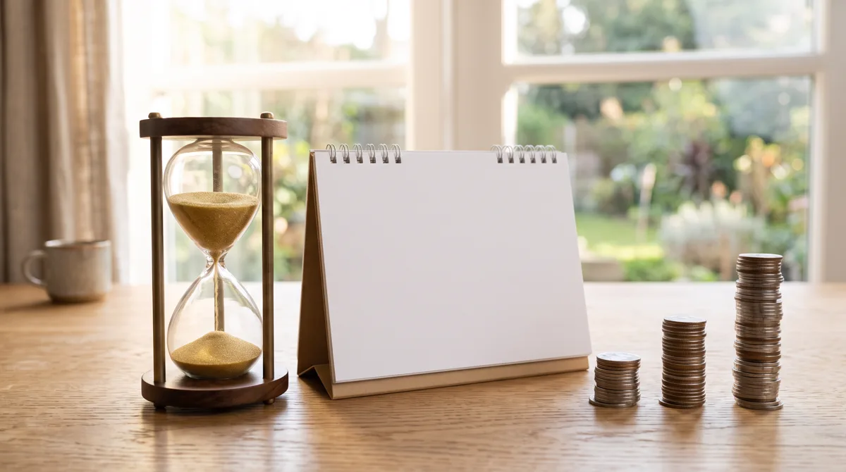 Jam pasir, kalender meja, dan tumpukan koin menggambarkan pilihan jangka waktu deposito
