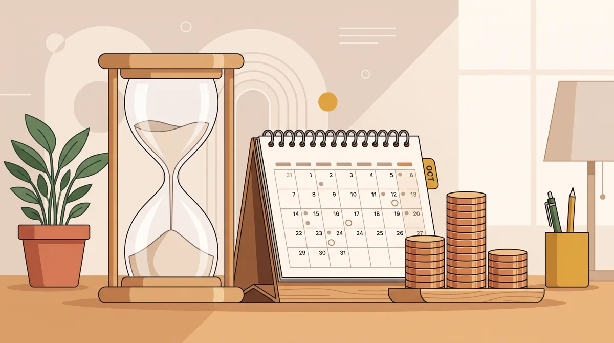 Jam pasir, kalender meja, dan tumpukan koin menggambarkan pilihan jangka waktu deposito