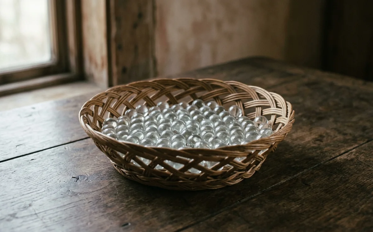 Keranjang anyaman rotan berisi kelereng kaca bening seragam di atas meja kayu gelap