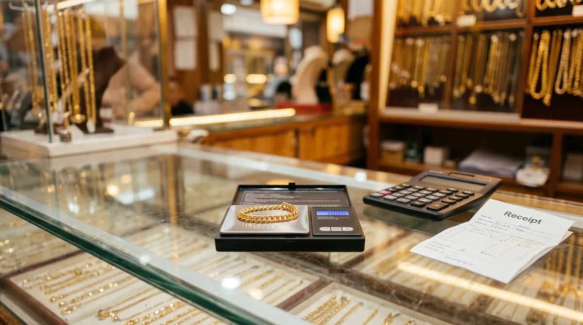 Gelang emas ditimbang di timbangan digital dengan struk pembelian dan kalkulator di sampingnya