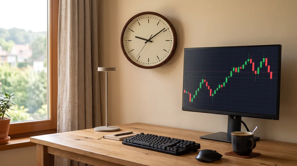 Jam dinding analog di samping monitor yang menampilkan grafik candlestick di meja kerja dengan cahaya pagi