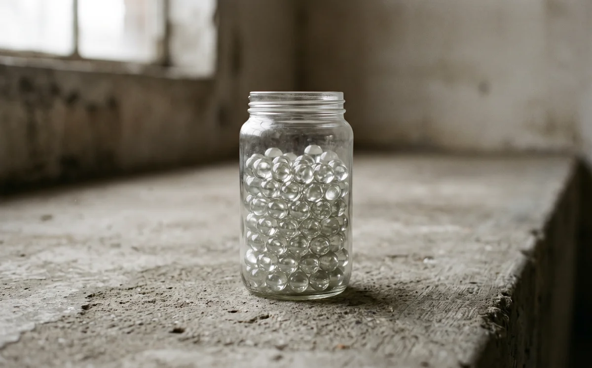 Toples kaca bening berisi kelereng bening seragam di atas permukaan beton abu-abu