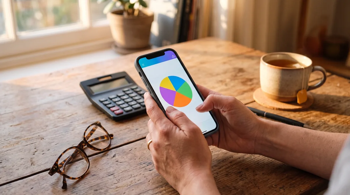 Tangan memegang smartphone menampilkan diagram lingkaran komposisi investasi dengan kalkulator dan kacamata di meja