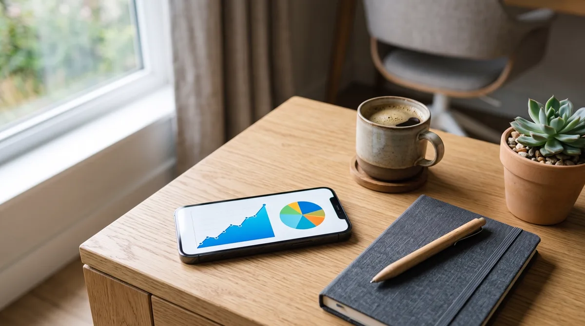 Smartphone menampilkan grafik pertumbuhan investasi di meja kayu bersama cangkir kopi, buku catatan, dan tanaman kecil
