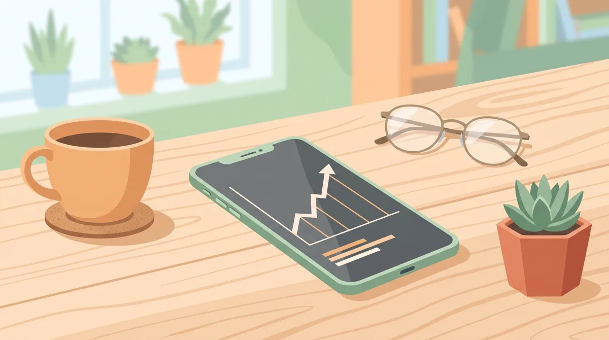 Smartphone menampilkan grafik pertumbuhan investasi di meja kayu bersama cangkir kopi, kacamata, dan tanaman kecil