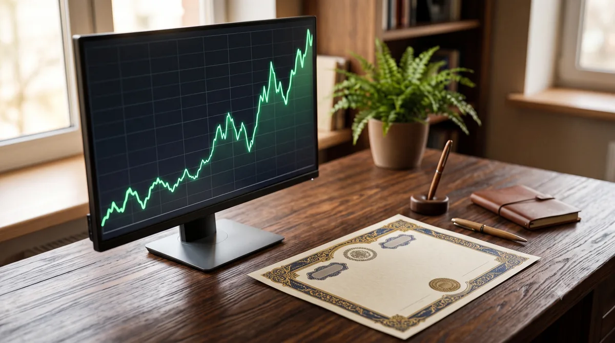 Ilustrasi sertifikat kepemilikan saham dan grafik harga di layar monitor