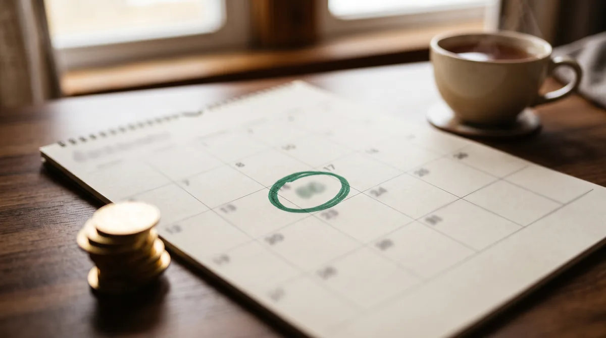 Gelas kopi, kalender, dan tumpukan koin di samping ponsel dengan aplikasi kalkulator di meja kerja