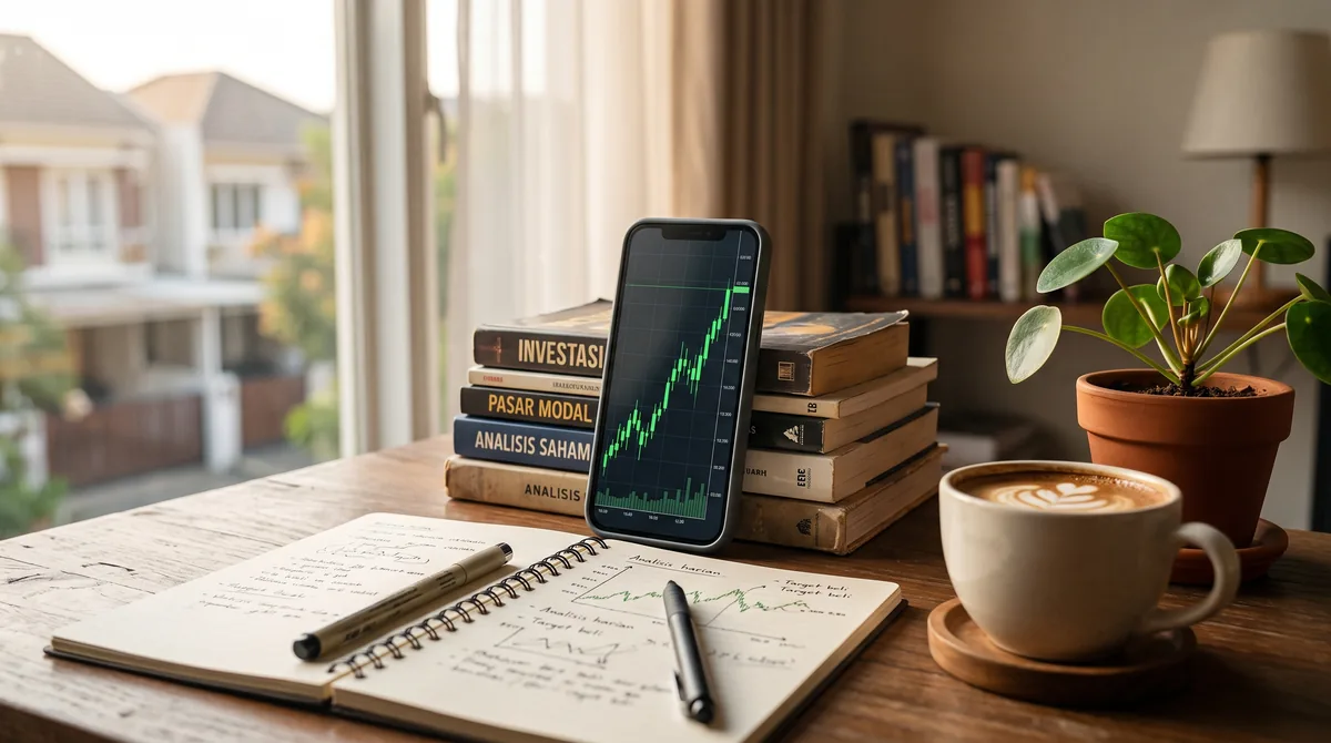Ponsel menampilkan grafik candlestick hijau bersandar pada tumpukan buku investasi dan pasar modal di meja kayu dengan catatan dan kopi