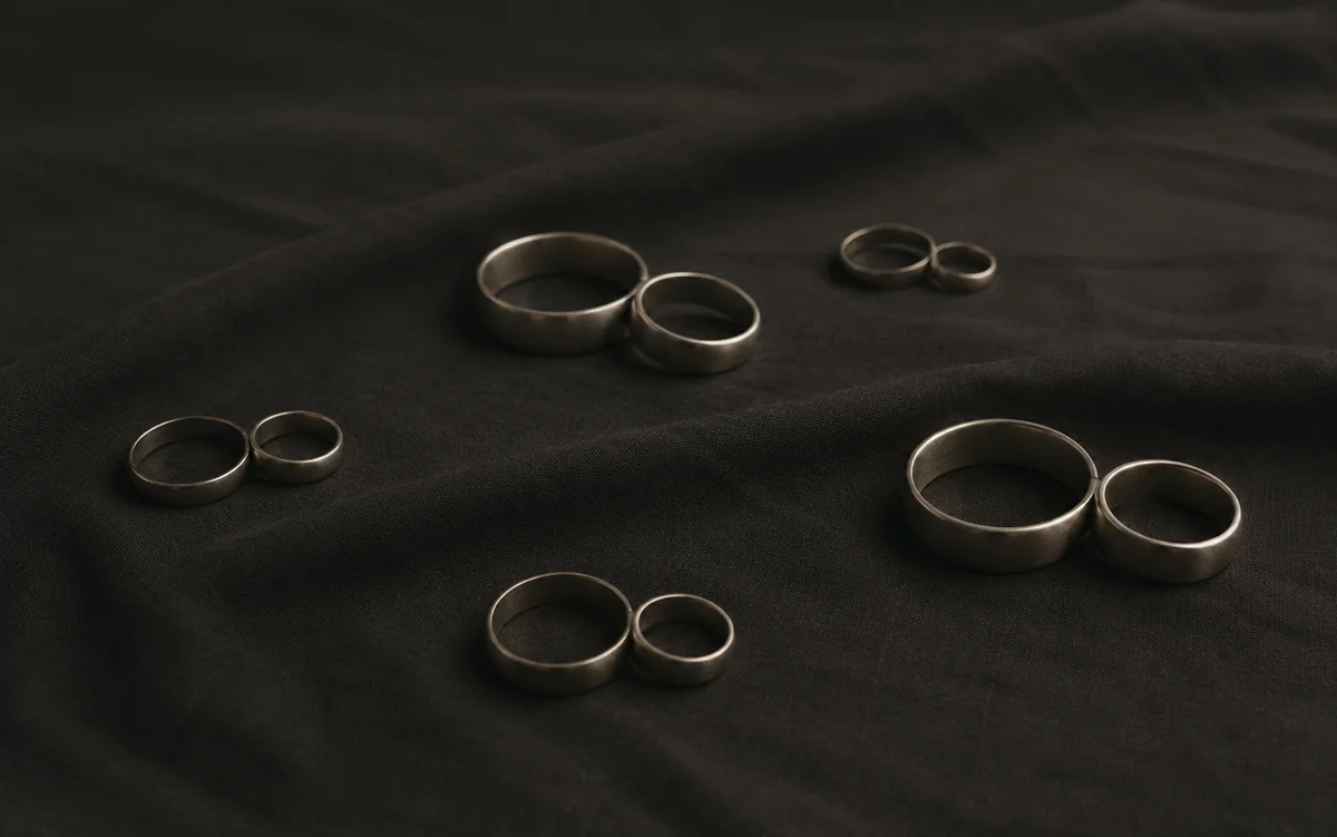 Beberapa cincin logam polos tanpa tanda berjajar di atas kain gelap, ditata berpasangan dengan ukuran berbeda